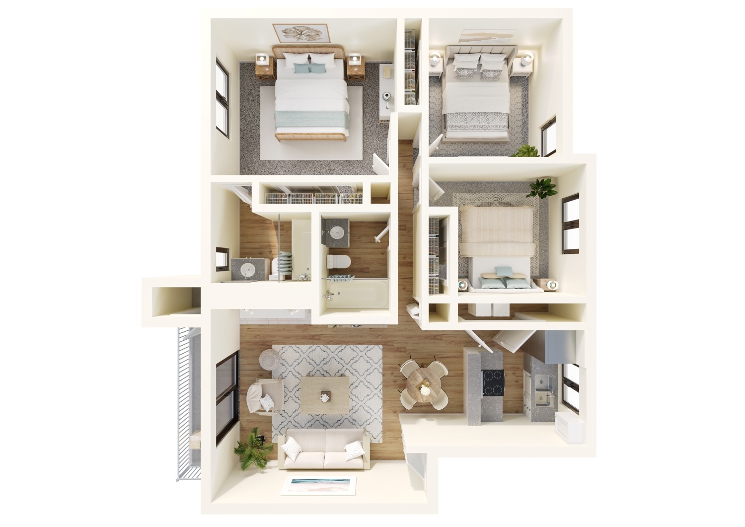 Floor plan for 3 beds, 2 baths, 1100 sqft